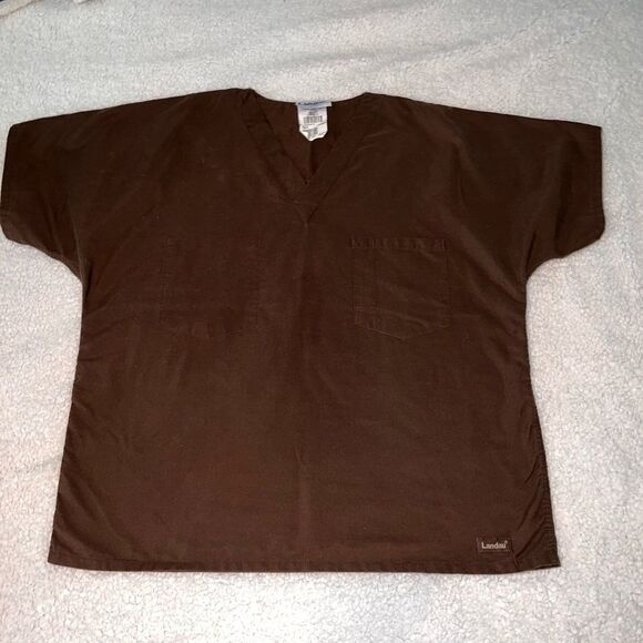 Landau Brown V Neck Reversible Scrub Top Shirt Size Chest Pocket - Picture 1 of 6